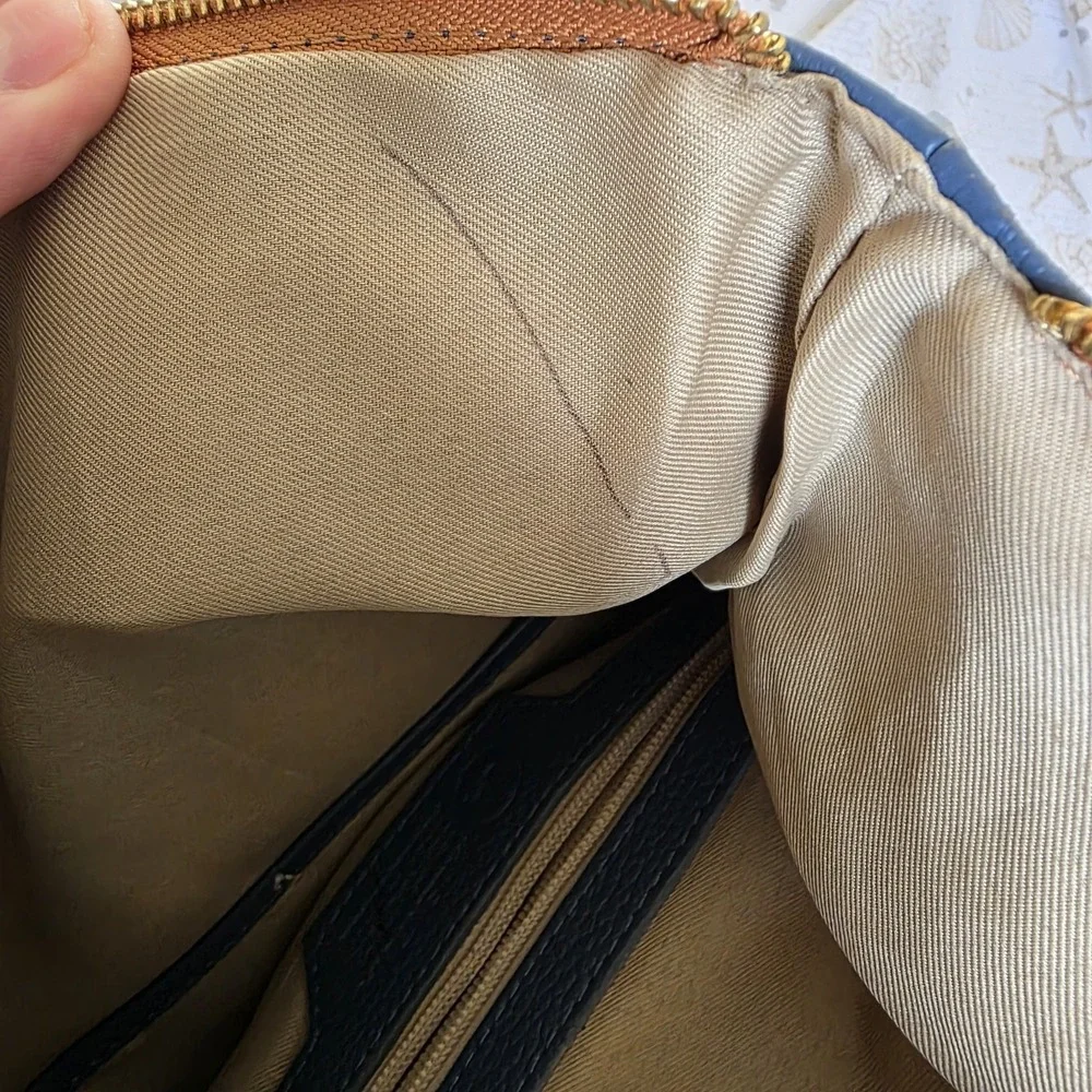 Valentina Italian Navy Blue Pebbled Leather Backpack Tan Trim Gold Hardware